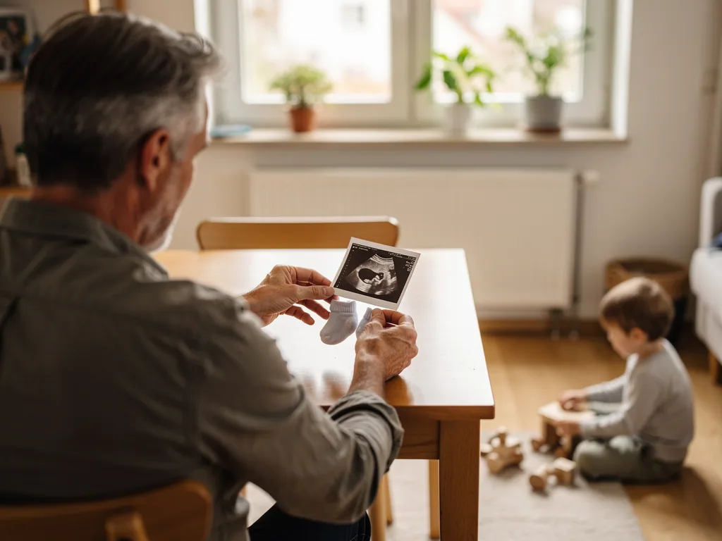 Älterer Mann betrachtet ein Ultraschallbild und Babysöckchen, während ein Kleinkind am Boden spielt.