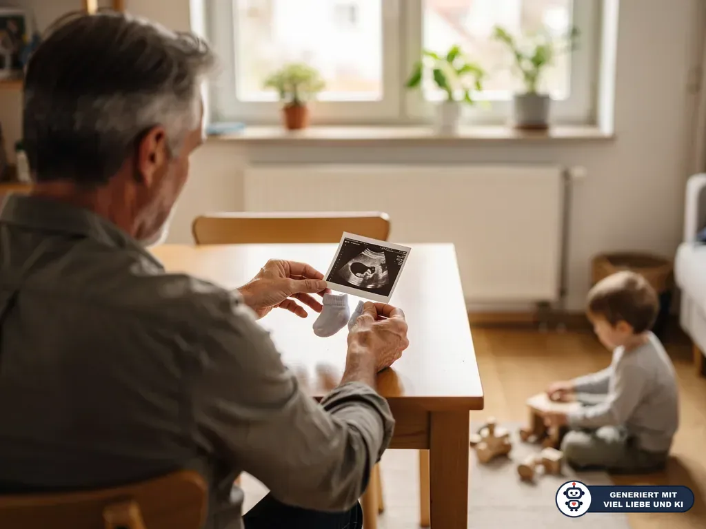Älterer Mann betrachtet ein Ultraschallbild und Babysöckchen, während ein Kleinkind am Boden spielt. (mit KI erstellt)