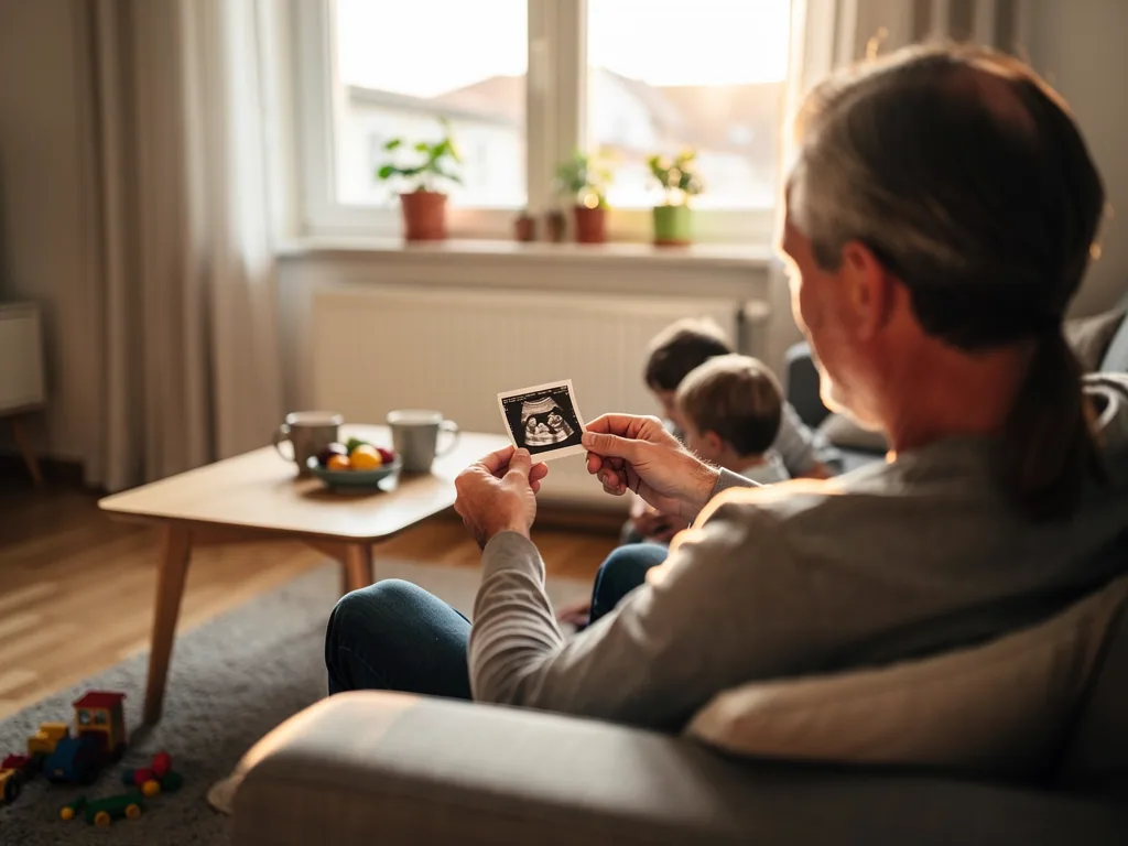 Älterer Mann sitzt im Wohnzimmer und betrachtet ein Ultraschallbild, während zwei Kinder am Boden spielen.