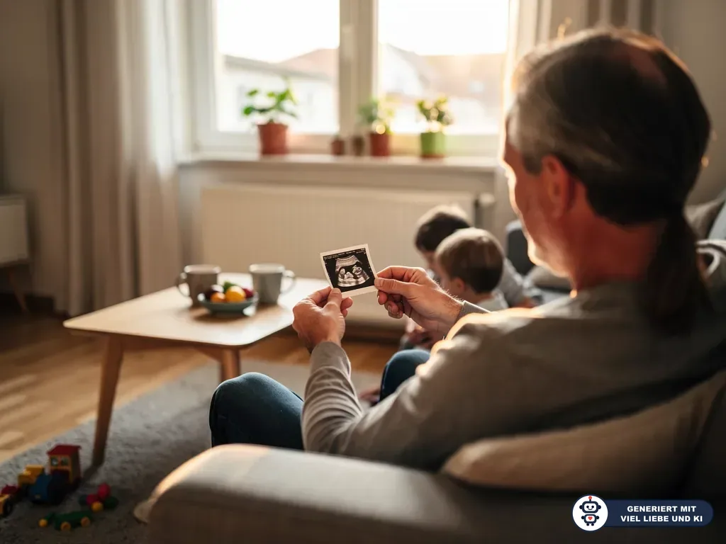 Älterer Mann sitzt im Wohnzimmer und betrachtet ein Ultraschallbild, während zwei Kinder am Boden spielen. (mit KI erstellt)