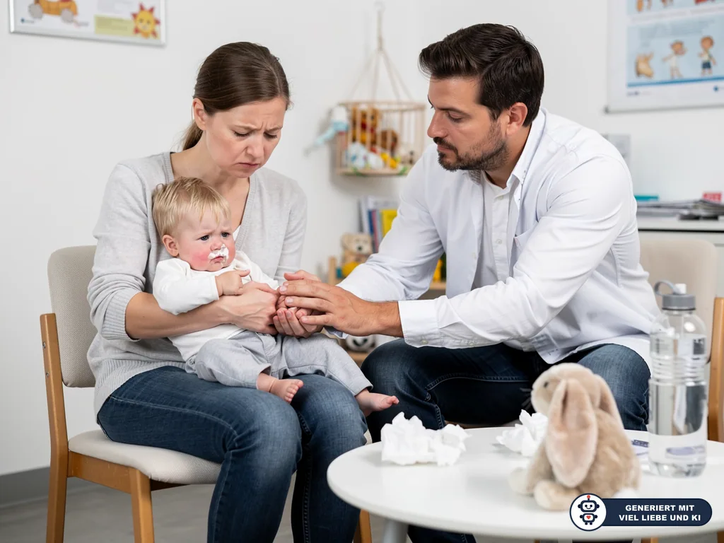 Arzt untersucht ein erkältetes Kleinkind auf dem Schoß der Mutter in einer Kinderarztpraxis. (mit KI erstellt)