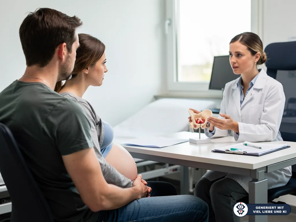 Ärztin erklärt werdenden Eltern im Sprechzimmer ein Beckenmodell, die Schwangere hält den Bauch. (mit KI erstellt)