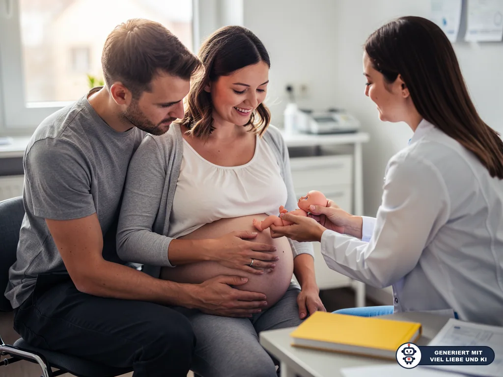 Ärztin erklärt werdenden Eltern mit Babypuppe die Kindslage im Mutterpass. (mit KI erstellt)