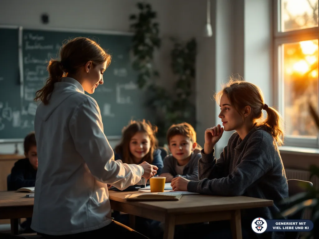 Ärztin im weißen Kittel spricht im Klassenzimmer mit Schülerinnen und Schülern am Tisch. (mit KI erstellt)