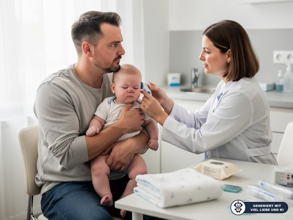 Ärztin impft ein Baby auf dem Schoß seines Vaters in einer hellen Kinderarztpraxis. (mit KI erstellt)
