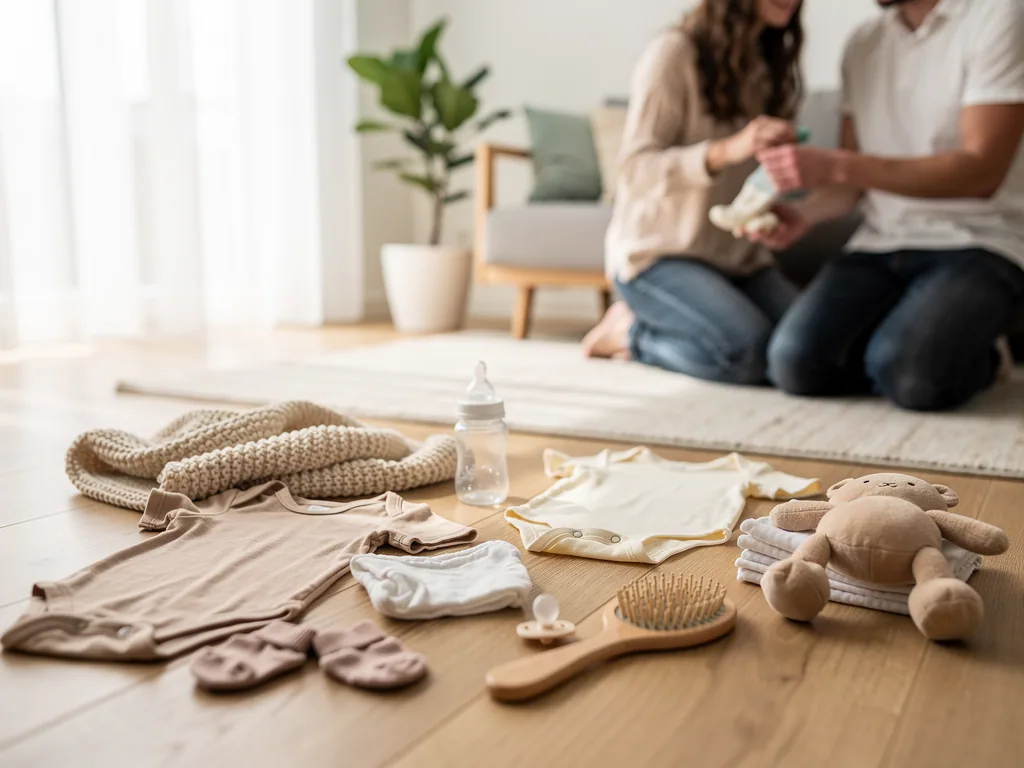 Baby-Erstausstattung mit Kleidung, Fläschchen, Schnuller, Bürste und Kuscheltier liegt vor Eltern auf dem Boden.