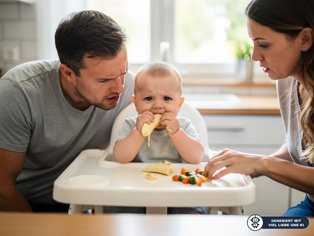 Baby im Hochstuhl beißt in Banane, während Eltern in der Küche aufmerksam daneben sitzen. (mit KI erstellt)