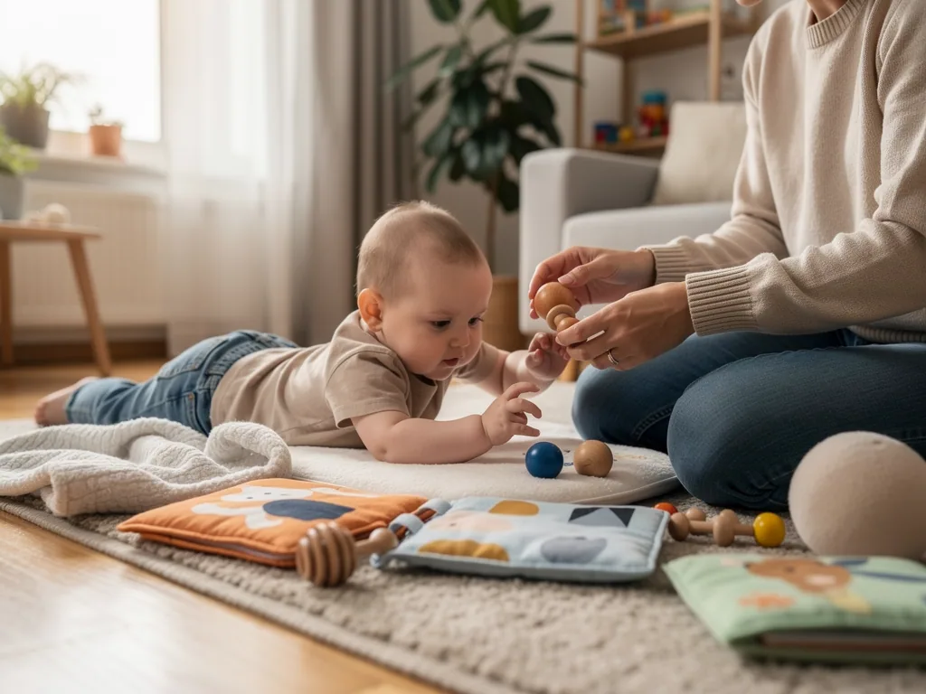 Baby liegt auf dem Bauch und greift nach Holzspielzeug, während ein Erwachsener es auf einer Spielmatte begleitet.