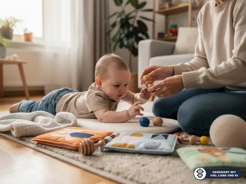 Baby liegt auf dem Bauch und greift nach Holzspielzeug, während ein Erwachsener es auf einer Spielmatte begleitet. (mit KI erstellt)
