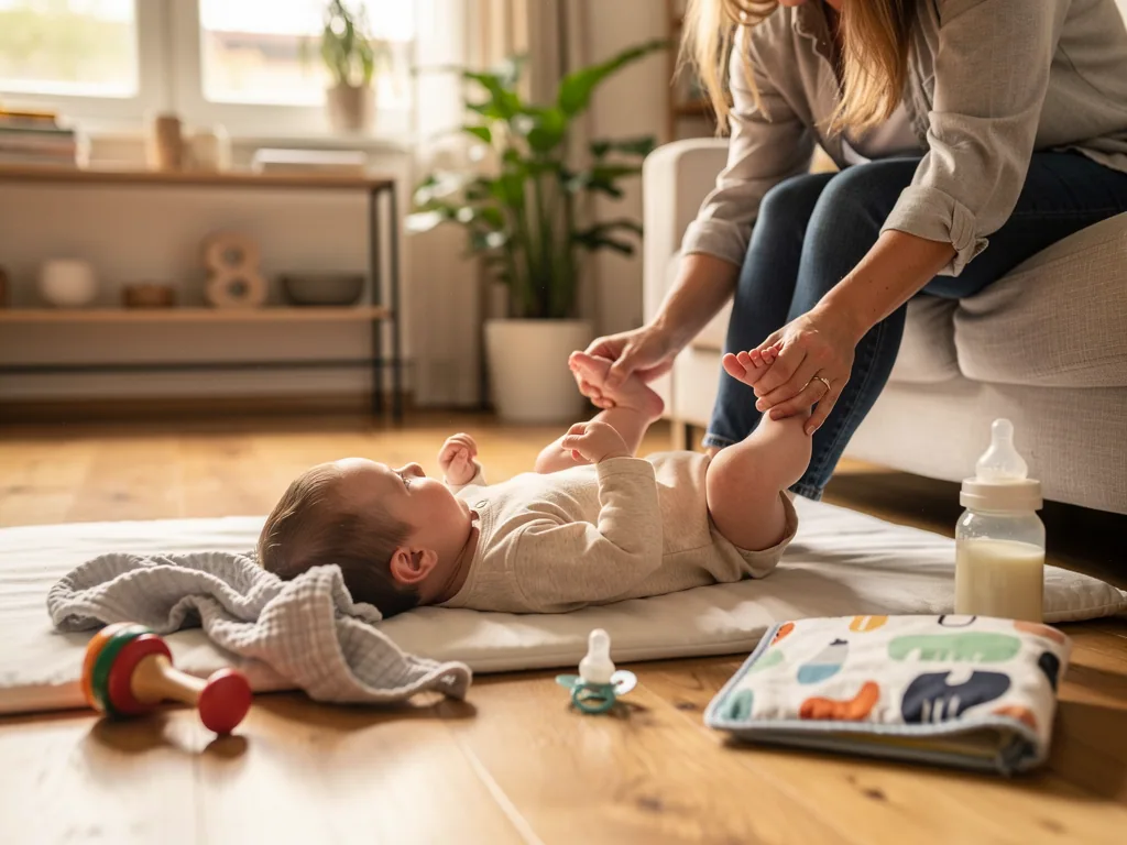 Baby liegt auf einer Decke im Wohnzimmer, eine Mutter hält seine Beine; daneben stehen Flasche, Schnuller und Spielzeug.