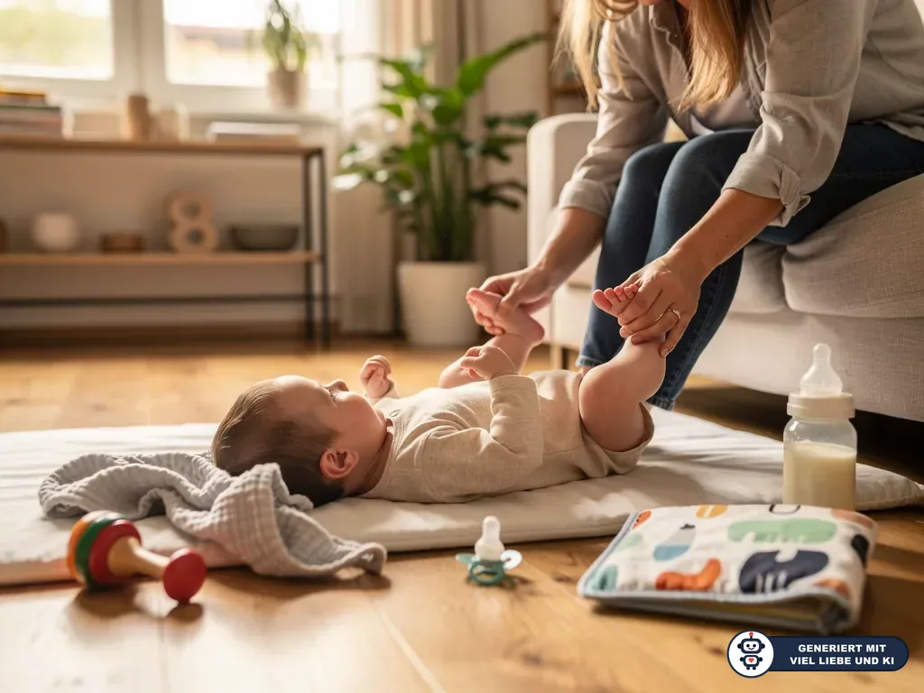Baby liegt auf einer Decke im Wohnzimmer, eine Mutter hält seine Beine; daneben stehen Flasche, Schnuller und Spielzeug. (mit KI erstellt)