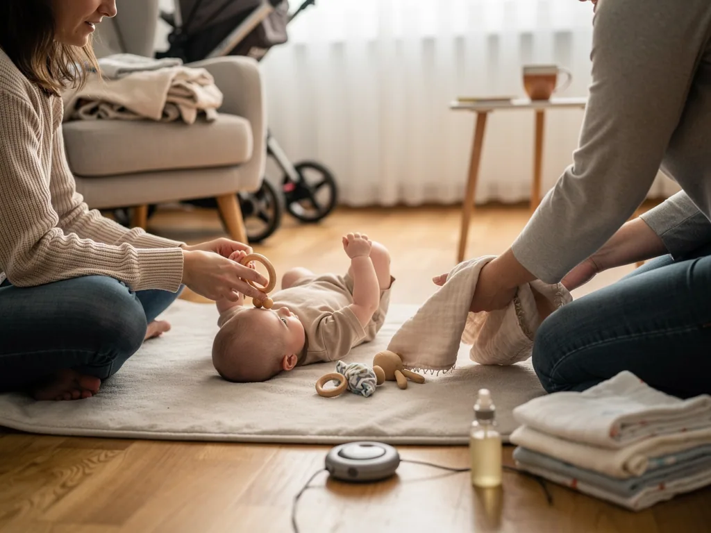 Baby liegt auf einer Krabbeldecke, zwei Eltern spielen mit Greifring und Tuch im hellen Wohnzimmer.