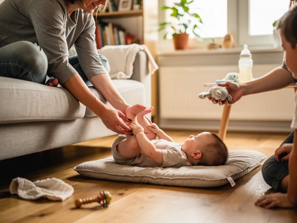Baby liegt auf einer Matte, eine Mutter hält seine Füße, ein Vater reicht ein Stofftier im Wohnzimmer.