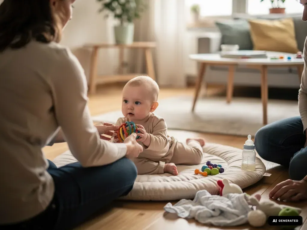 Baby liegt auf einer Spielmatte und greift nach einem bunten Ball, während zwei Erwachsene daneben sitzen. (mit KI erstellt)
