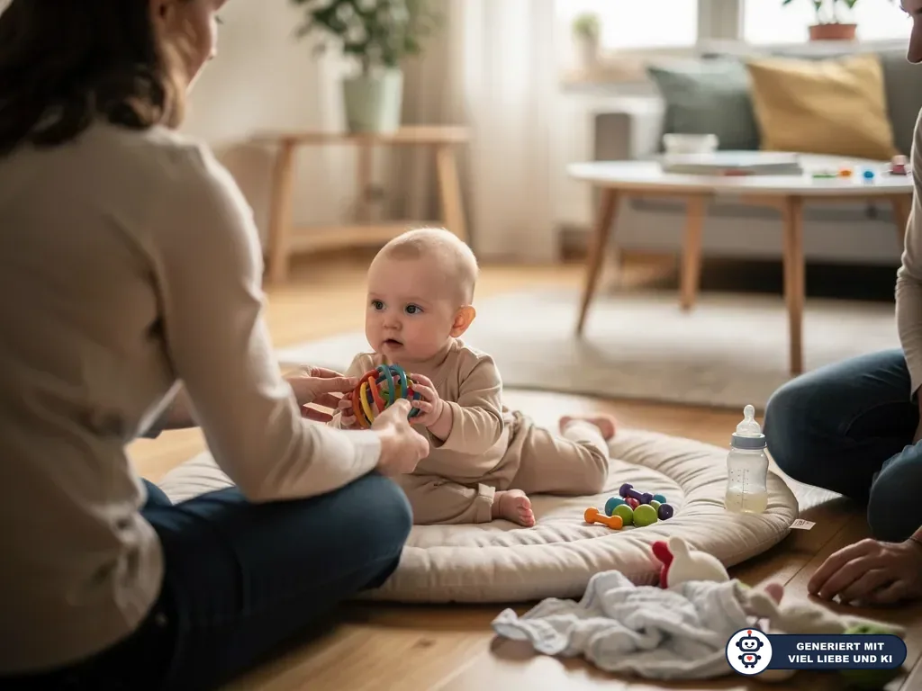 Baby liegt auf einer Spielmatte und greift nach einem bunten Ball, während zwei Erwachsene daneben sitzen. (mit KI erstellt)