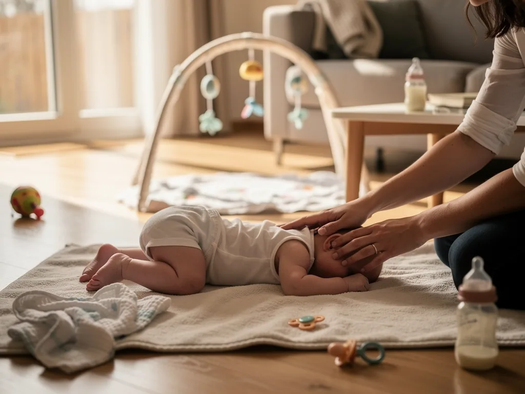 Baby liegt in Bauchlage auf einer Decke, während ein Elternteil sanft Kopf und Nacken berührt.