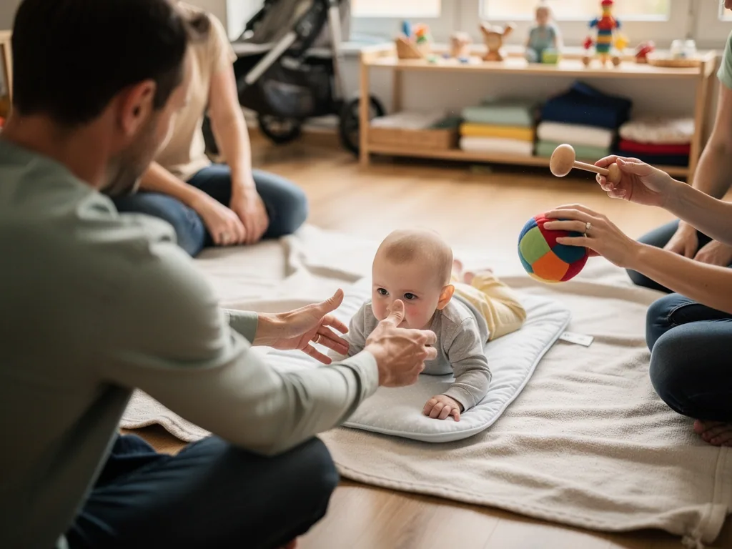 Baby liegt in Bauchlage auf einer Matte, Erwachsene sitzen daneben und halten Spielzeug in einer Babygruppe.