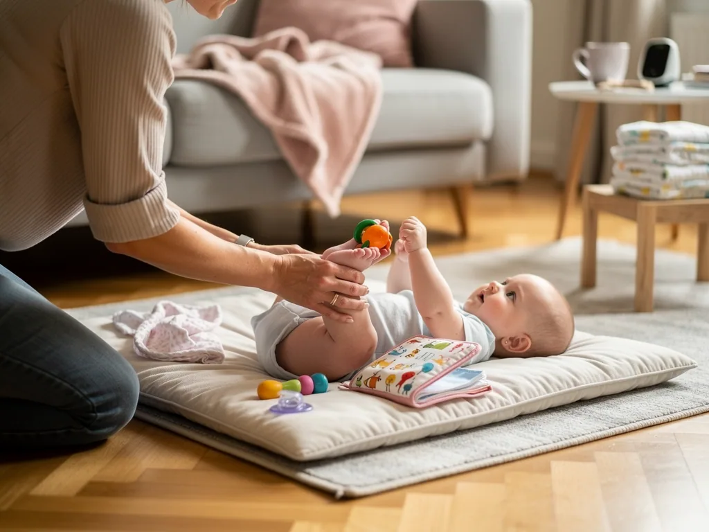 Baby liegt wach auf einer Spielmatte, eine erwachsene Person hält seine Beine und reicht ein Greifspielzeug.