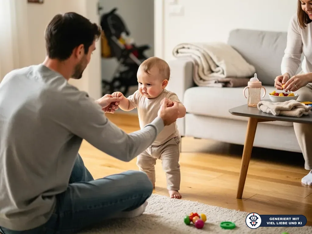 Baby macht an den Händen des Vaters erste Schritte im Wohnzimmer, Mutter bereitet Obst am Tisch vor. (mit KI erstellt)