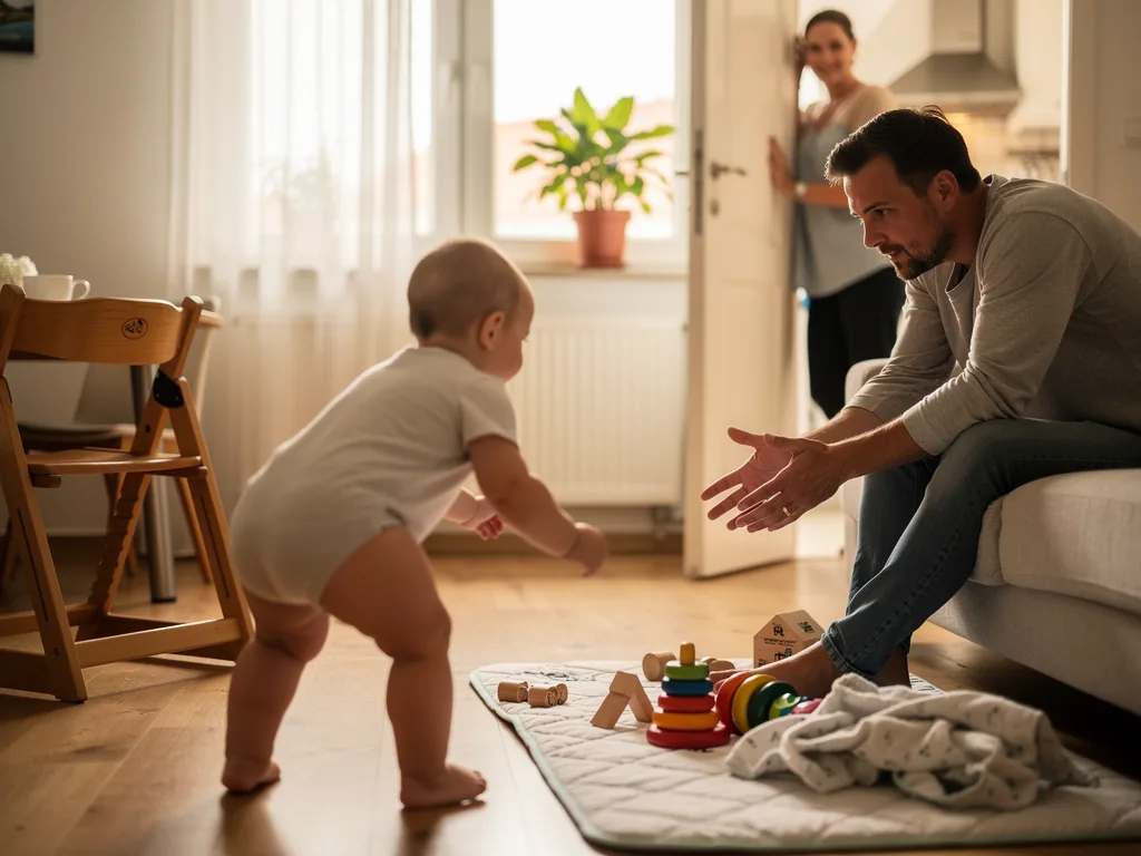Baby macht erste Schritte zu seinem Vater; auf der Spieldecke liegen Holzspielzeug, Karten und bunte Stapelringe.