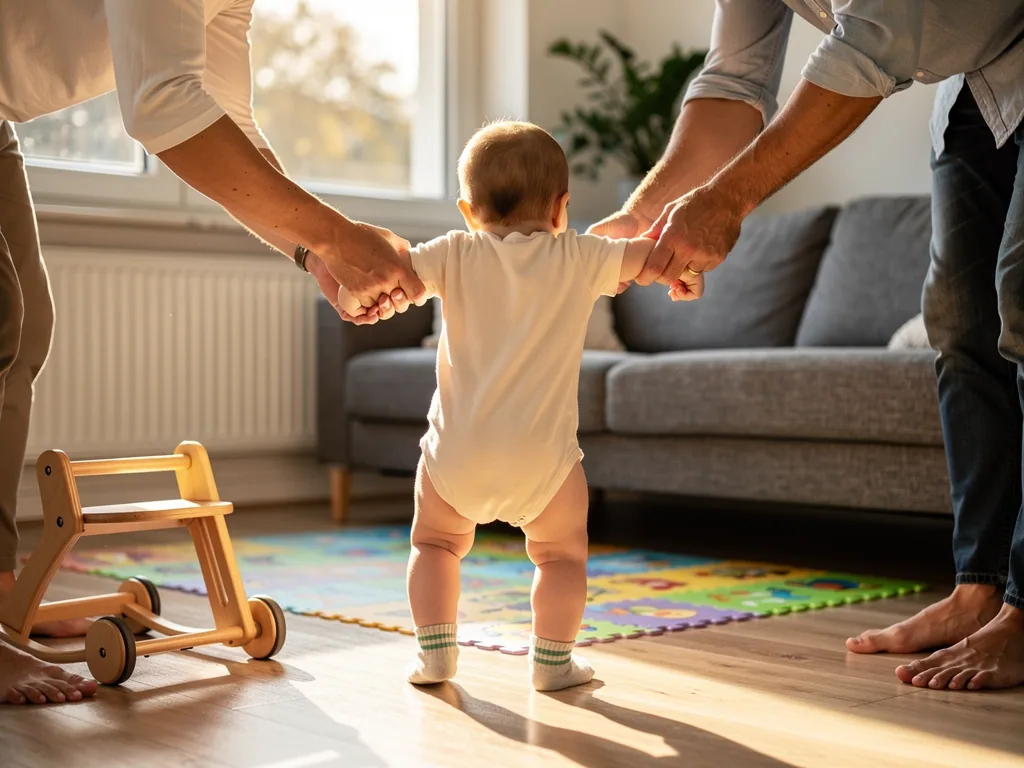 Baby macht erste Schritte zwischen zwei Eltern, die seine Hände im sonnigen Wohnzimmer halten.