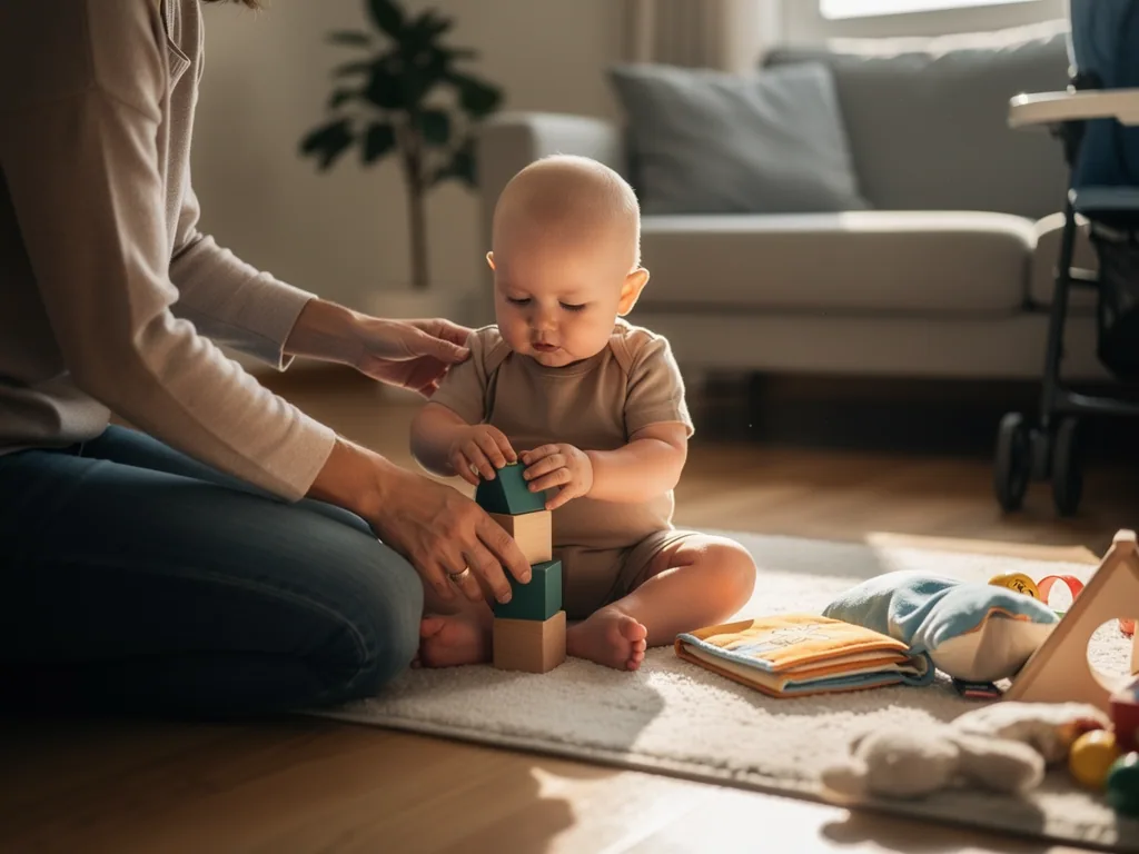 Baby sitzt auf dem Teppich und stapelt mit Hilfe eines Elternteils Holzklötze im Wohnzimmer.