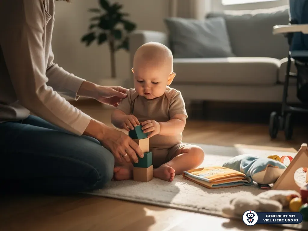 Baby sitzt auf dem Teppich und stapelt mit Hilfe eines Elternteils Holzklötze im Wohnzimmer. (mit KI erstellt)