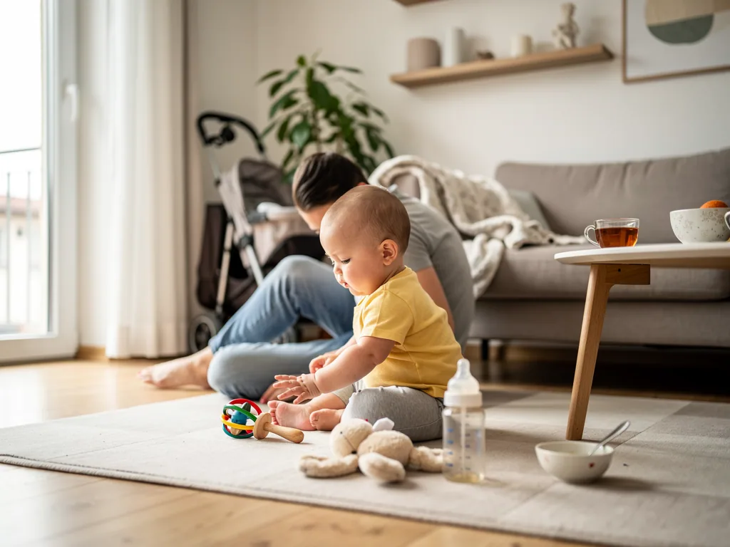 Baby sitzt auf dem Wohnzimmerteppich mit Spielzeug, Fläschchen und Schale in Reichweite; ein Elternteil sitzt dahinter.