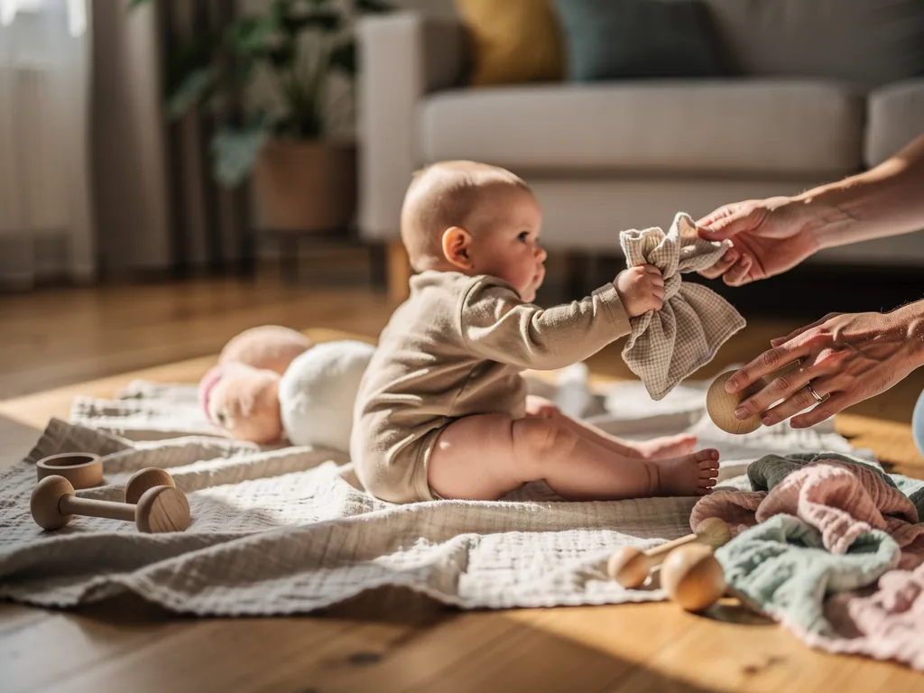 Baby sitzt auf einer Decke im Wohnzimmer und greift nach einem Stofftuch in den Händen eines Erwachsenen.
