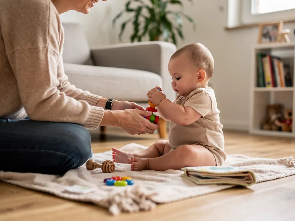 Baby sitzt auf einer Decke und greift nach buntem Spielzeug, ein Elternteil hält es ihm hin.