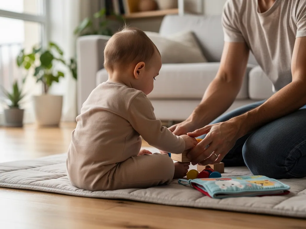 Baby sitzt auf einer Spielmatte und greift nach Bauklötzen, während der Vater daneben kniet und hilft.
