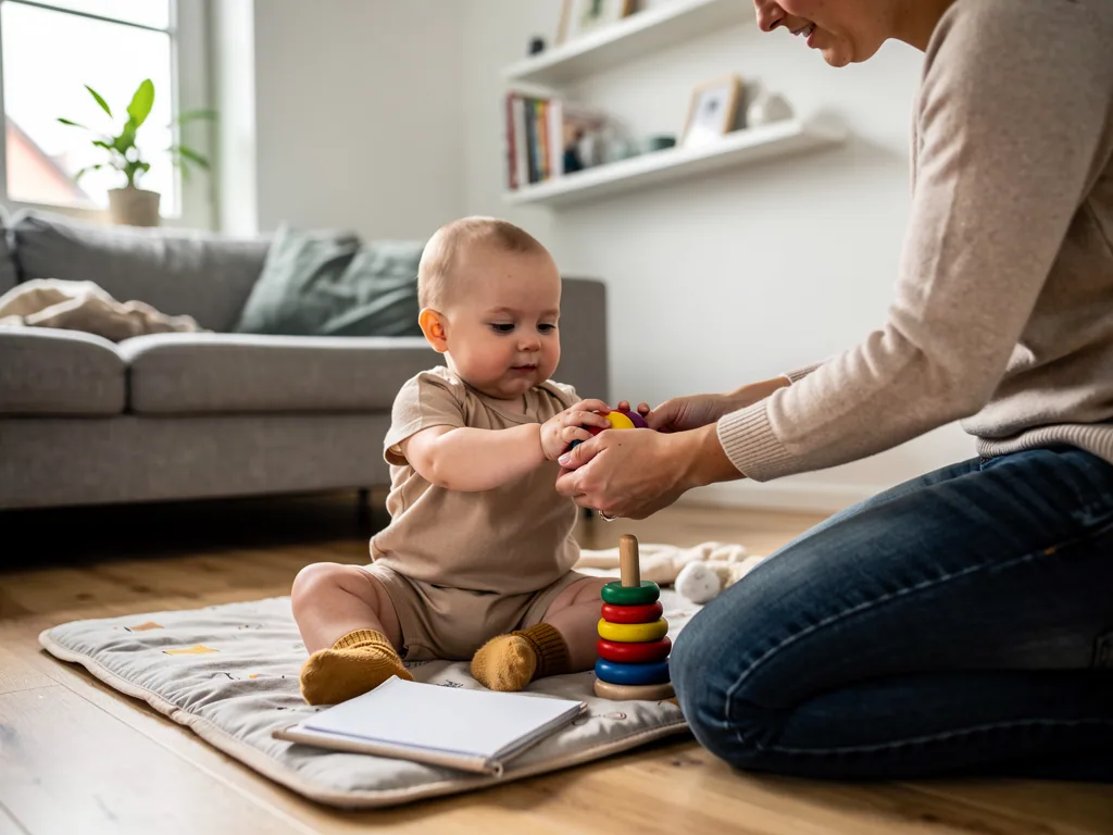 Baby sitzt auf Spielmatte und greift nach buntem Spielzeug in den Händen eines Elternteils im Wohnzimmer.