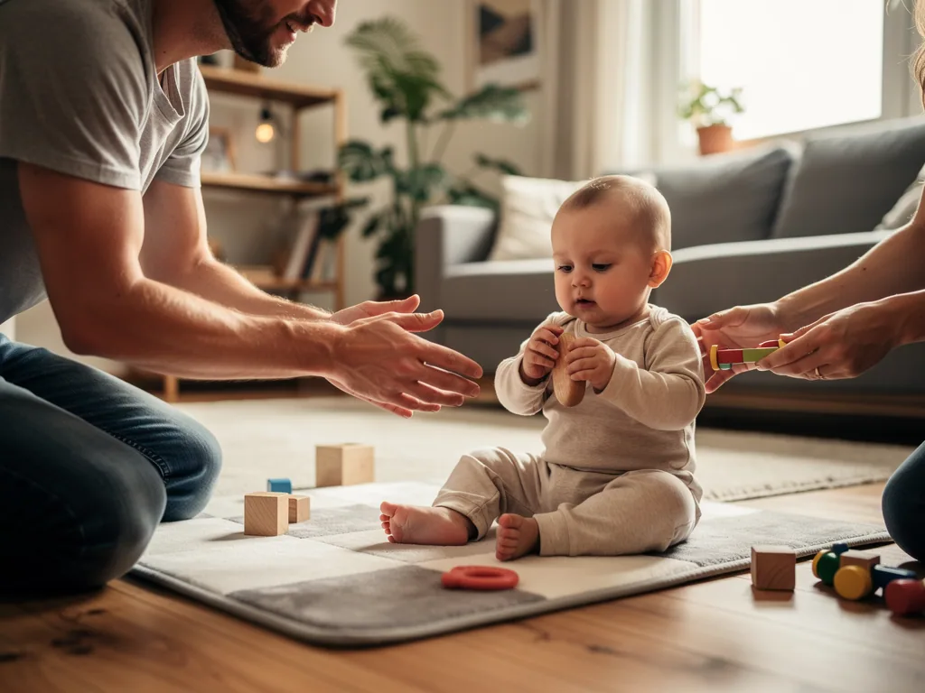Baby sitzt auf Spielmatte und hält Holzspielzeug, Vater und Mutter begleiten es mit Gesten im Wohnzimmer.