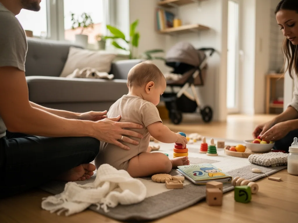 Baby sitzt auf Spielmatte, Vater stützt den Rücken, Mutter sortiert Spielzeug im Wohnzimmer.