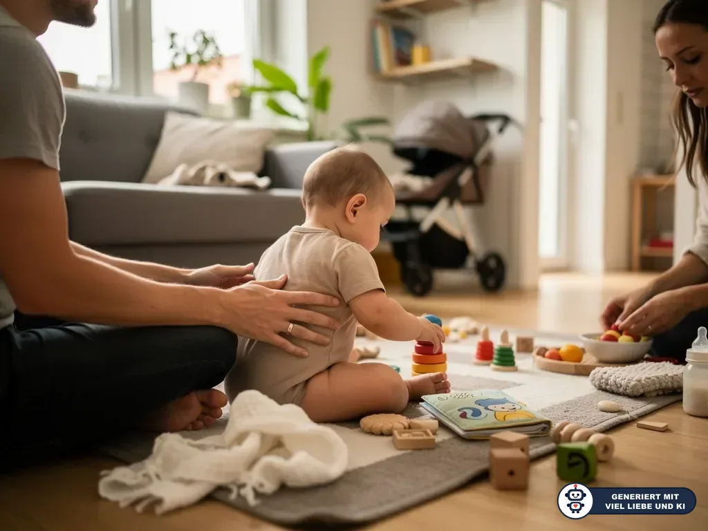 Baby sitzt auf Spielmatte, Vater stützt den Rücken, Mutter sortiert Spielzeug im Wohnzimmer. (mit KI erstellt)