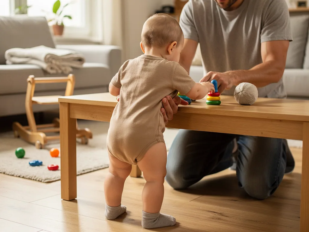Baby steht am Couchtisch und greift nach bunten Stapelringen, während ein Vater daneben unterstützt.