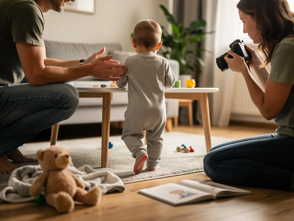 Baby steht am Couchtisch, Vater sichert es mit den Händen, Mutter fotografiert im Wohnzimmer.