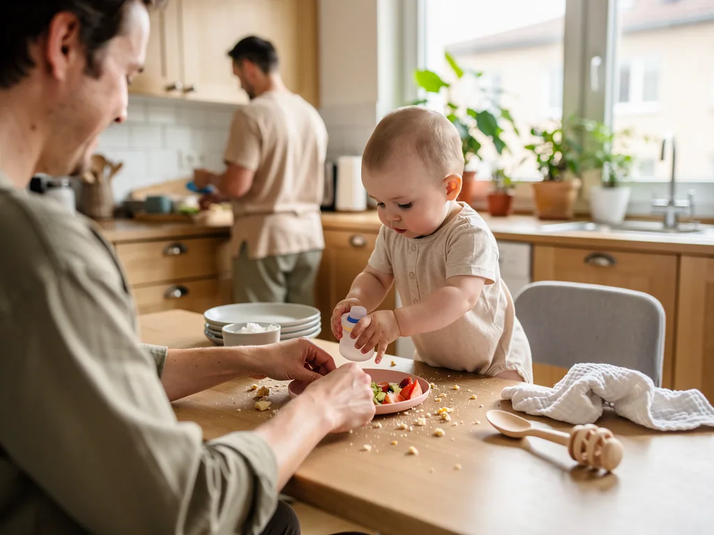 Baby steht am Küchentisch und isst Fingerfood, ein Vater sitzt daneben, ein zweiter bereitet Essen vor.