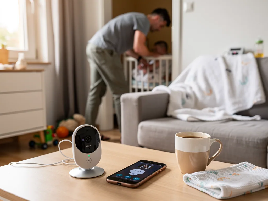 Babyphone-Kamera, Smartphone und Kaffeetasse auf Tisch; Vater steht unscharf am Babybett im Hintergrund.