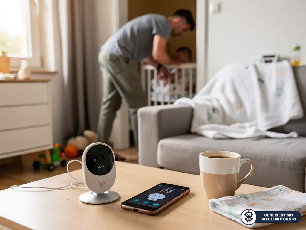 Babyphone-Kamera, Smartphone und Kaffeetasse auf Tisch; Vater steht unscharf am Babybett im Hintergrund. (mit KI erstellt)