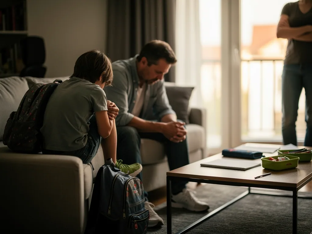 Bedrücktes Kind mit Schulranzen sitzt neben Vater auf dem Sofa, eine weitere Person steht im Raum.