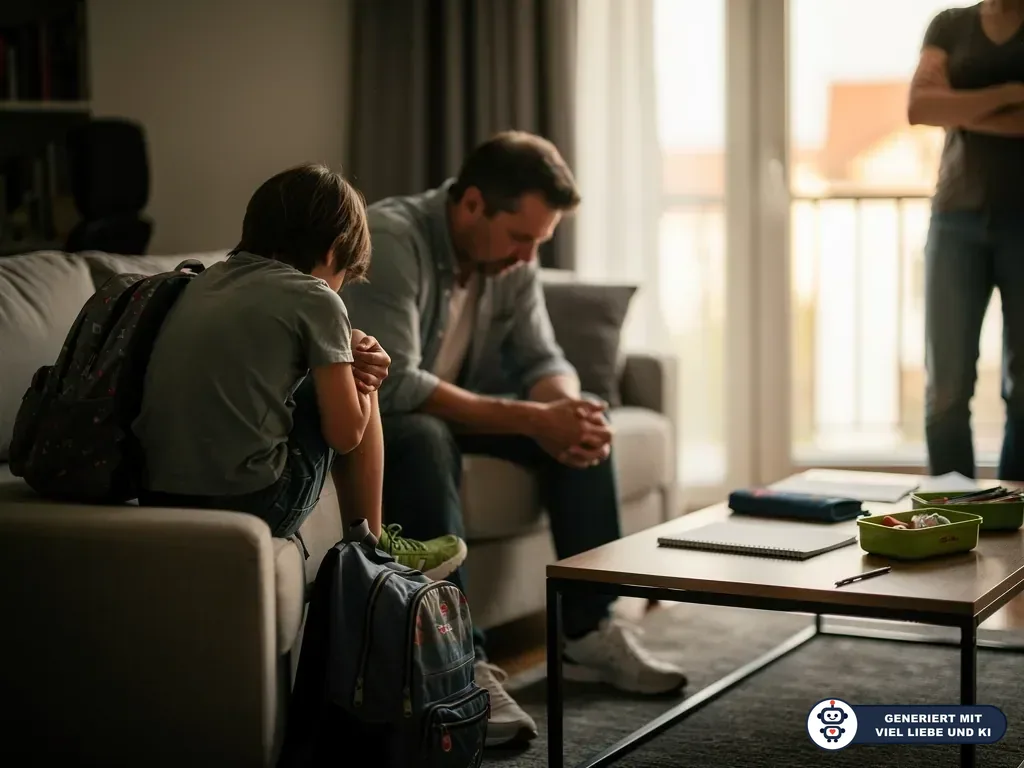 Bedrücktes Kind mit Schulranzen sitzt neben Vater auf dem Sofa, eine weitere Person steht im Raum. (mit KI erstellt)