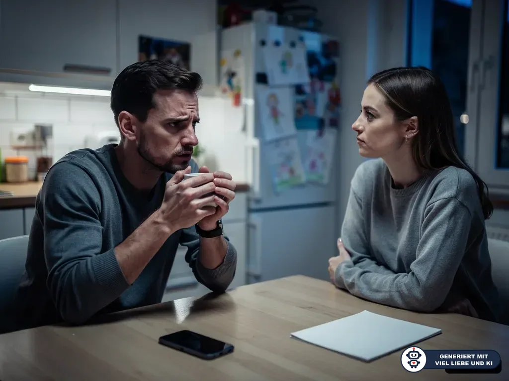 Besorgter Vater spricht am Küchentisch mit seiner Partnerin und hält eine Tasse in den Händen. (mit KI erstellt)