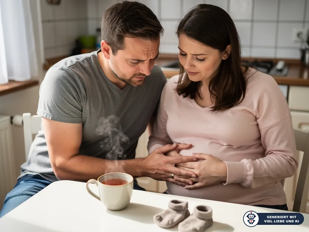 Besorgter werdender Vater legt die Hand auf den Bauch seiner schwangeren Partnerin am Küchentisch. (mit KI erstellt)