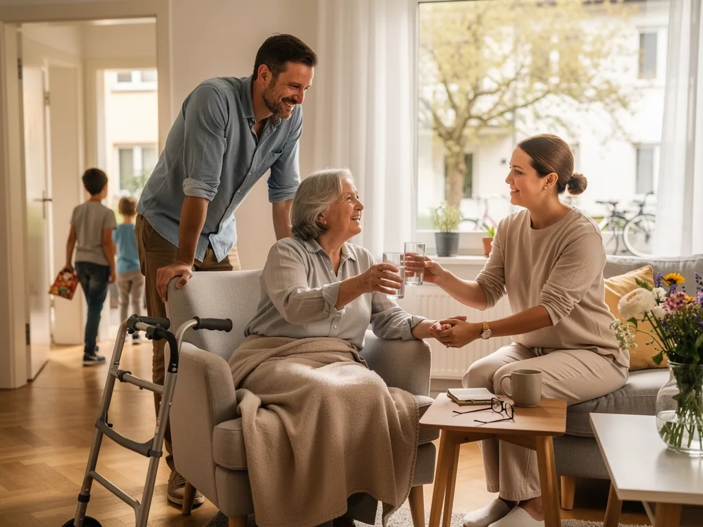 Betreuerin reicht Seniorin im Sessel ein Glas Wasser, Angehöriger steht daneben; Rollator im Wohnzimmer.