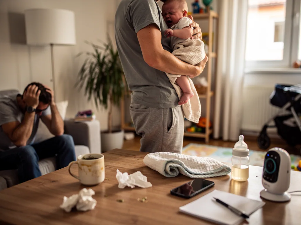 Ein Elternteil hält ein weinendes Baby, während ein erschöpfter Vater im Wohnzimmer auf dem Sofa sitzt.