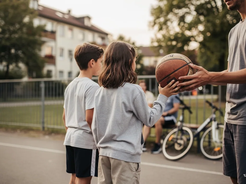 Ein Erwachsener reicht zwei Jugendlichen auf einem Sportplatz einen Basketball; im Hintergrund stehen Fahrrad und Wohnhäuser.