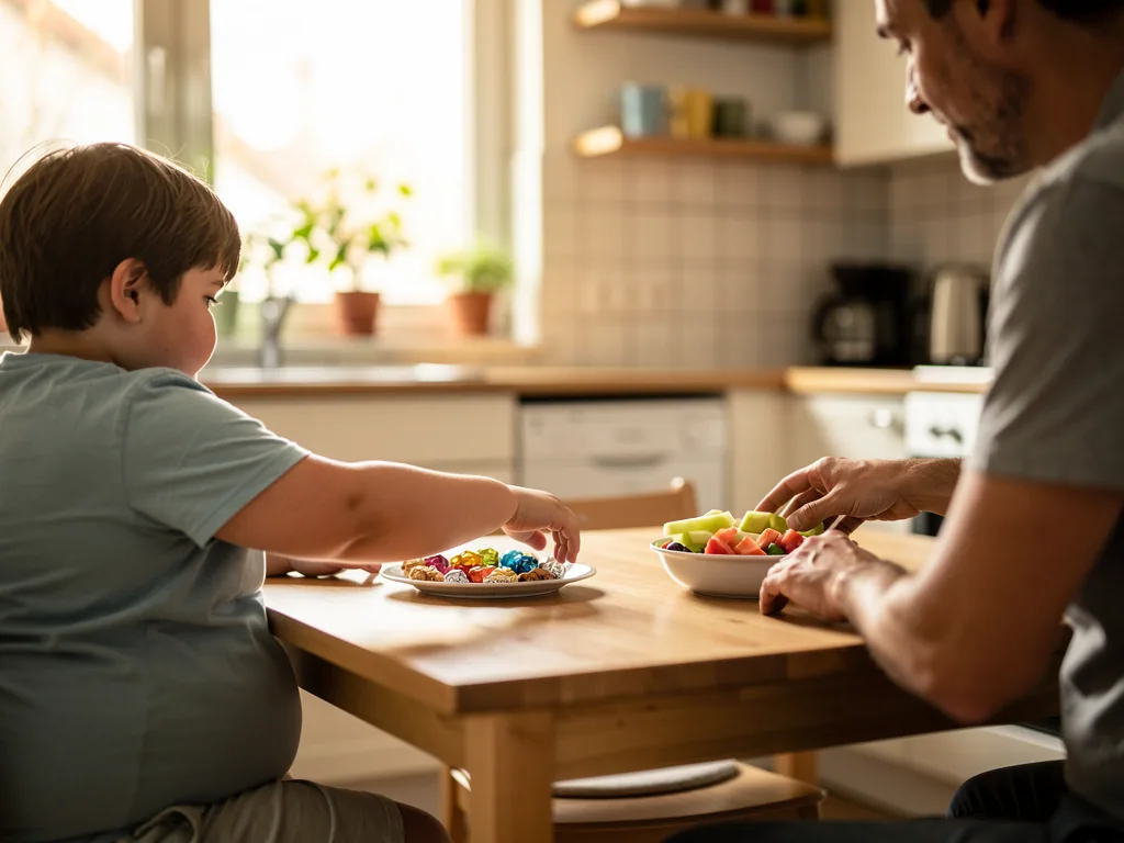Ein Junge greift am Küchentisch nach Süßigkeiten, während sein Vater eine Schale mit Obst anbietet.