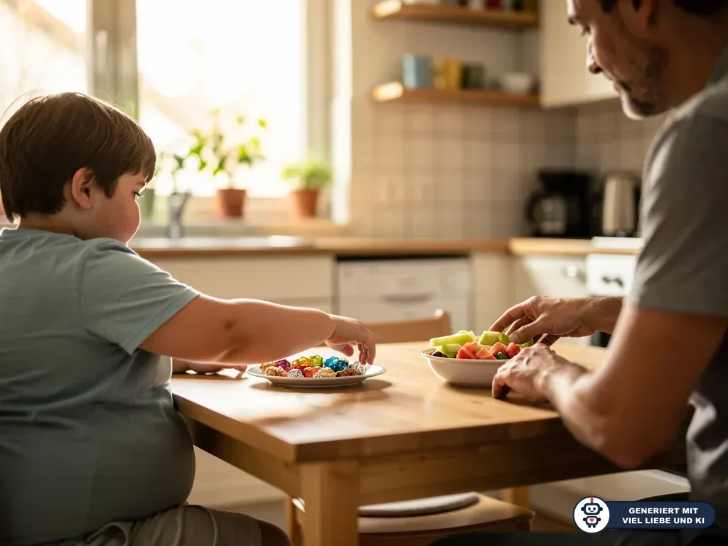 Ein Junge greift am Küchentisch nach Süßigkeiten, während sein Vater eine Schale mit Obst anbietet. (mit KI erstellt)