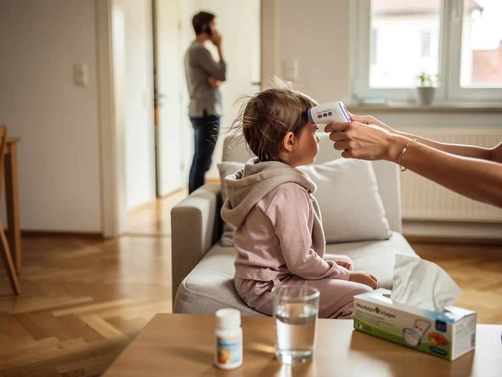 Ein Kind sitzt auf dem Sofa, während eine Hand mit einem Stirnthermometer Fieber misst; hinten telefoniert ein Mann.